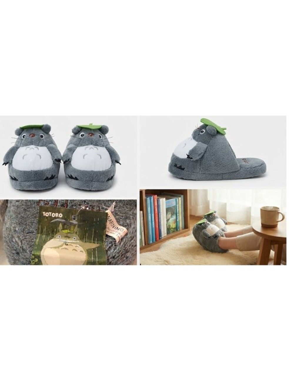 Totoro Plush Slippers Gray Leaf Cozy Indoor Soft House Shoes